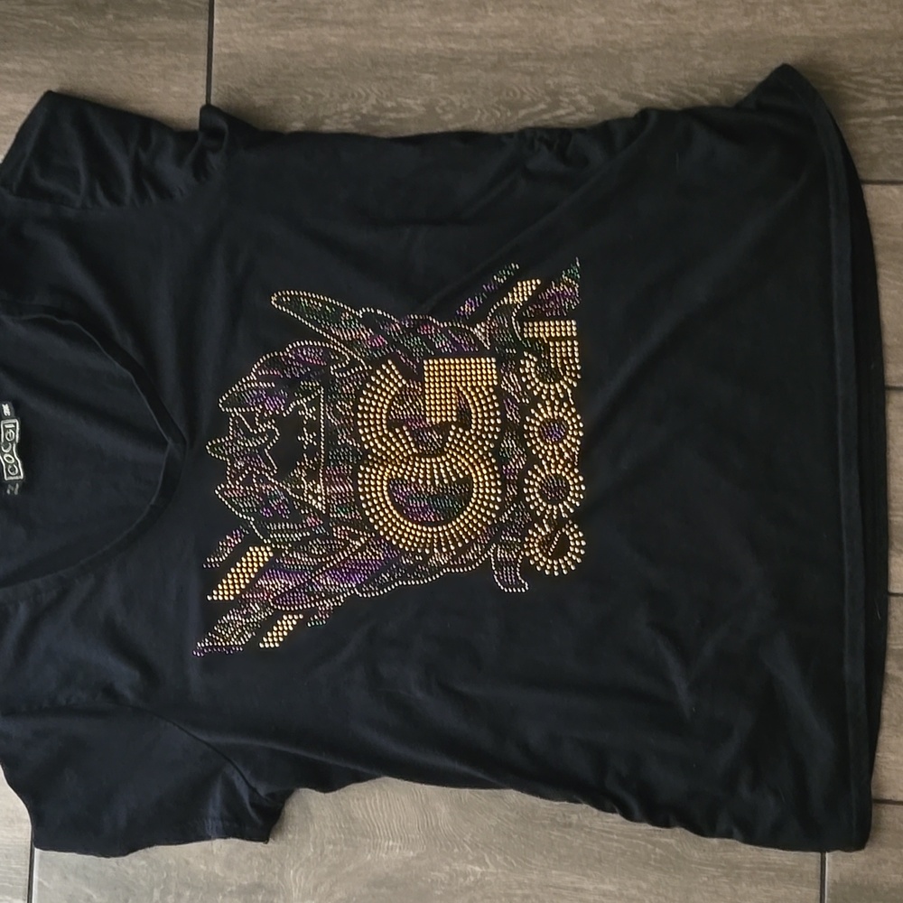 COOGI V-Neck Top - Black With Multi Colored Rhinestones - Size 3x